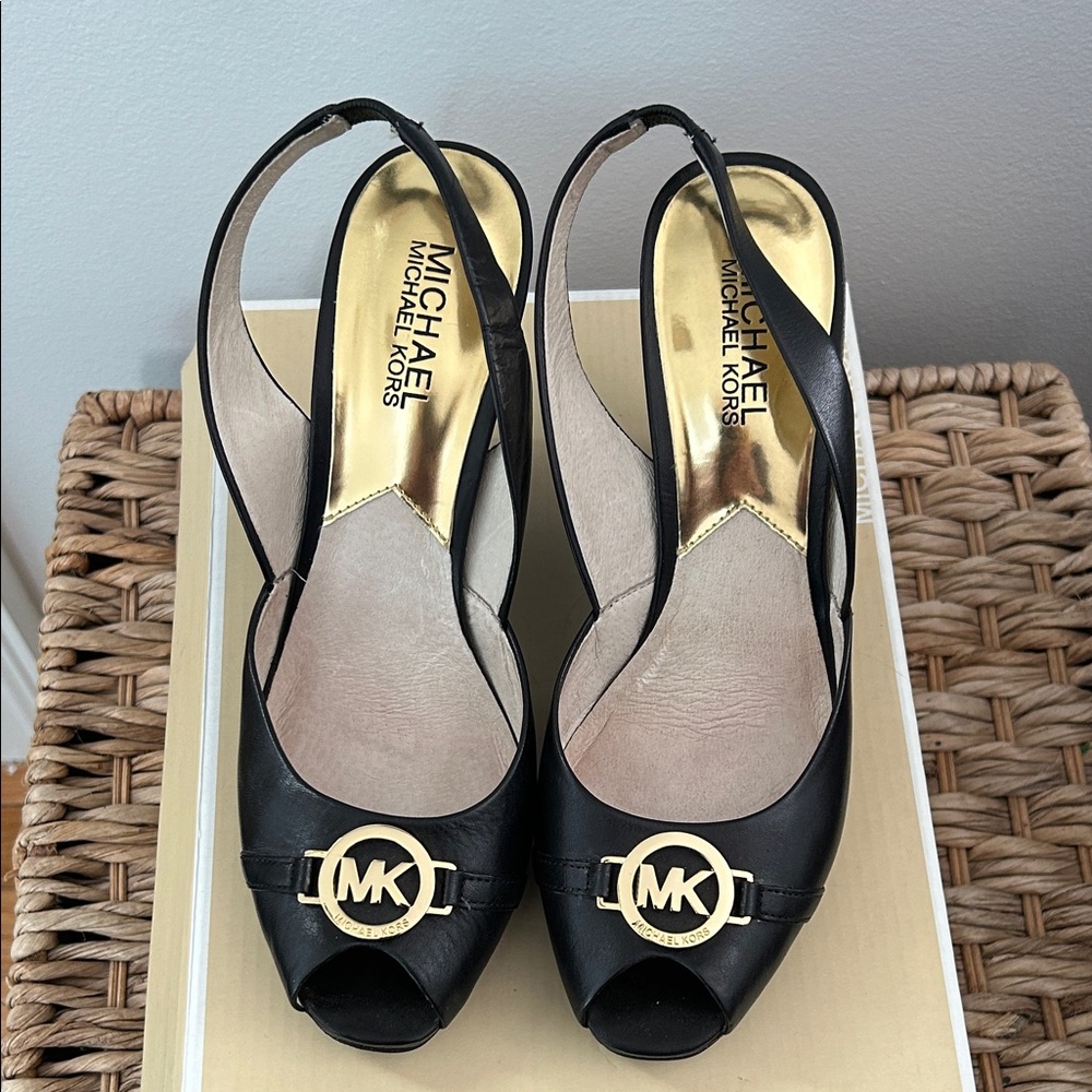 Michael Kors Black Leather Slingback Heels with Gold Accents